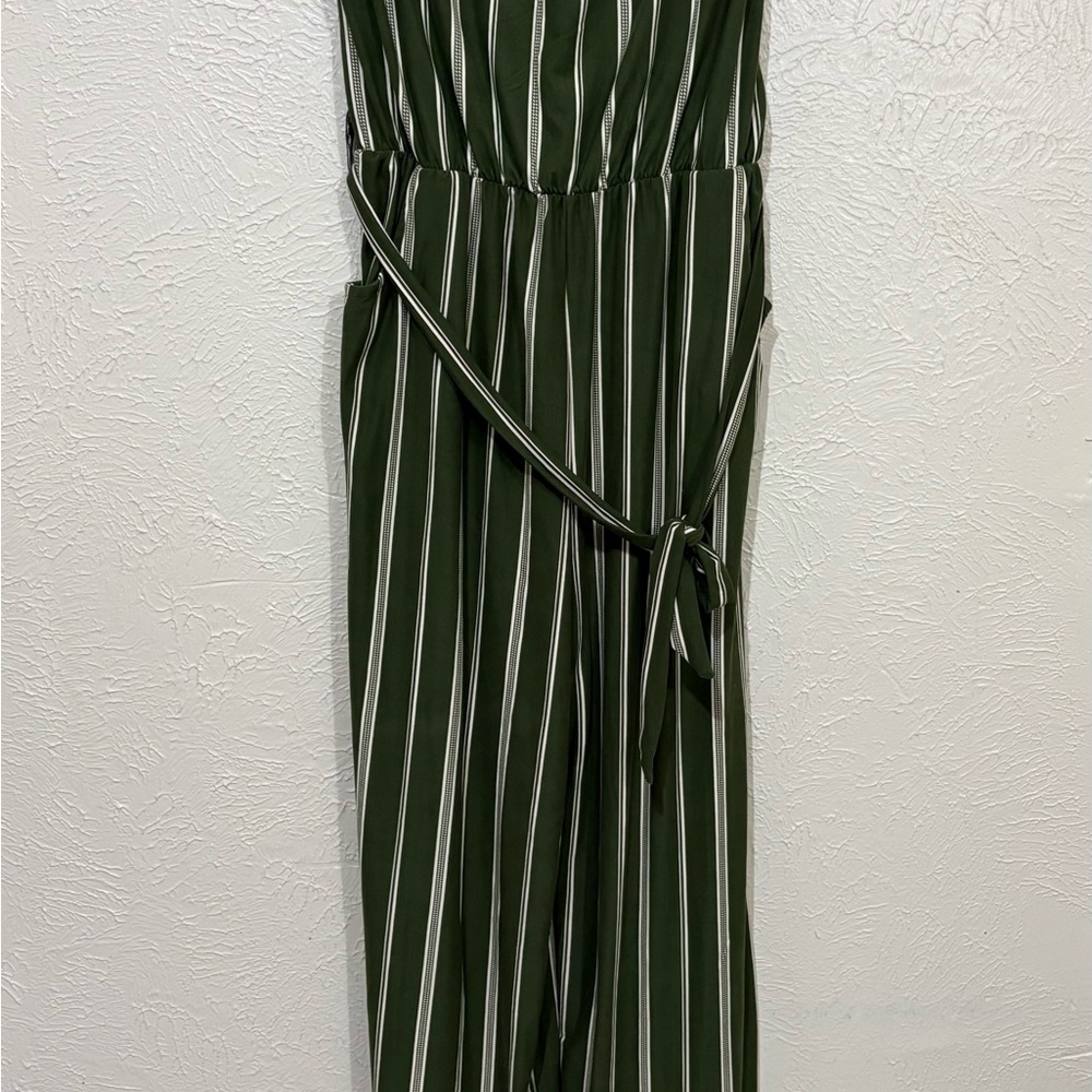 Green and White Pinstriped Wrap Jumpsuit